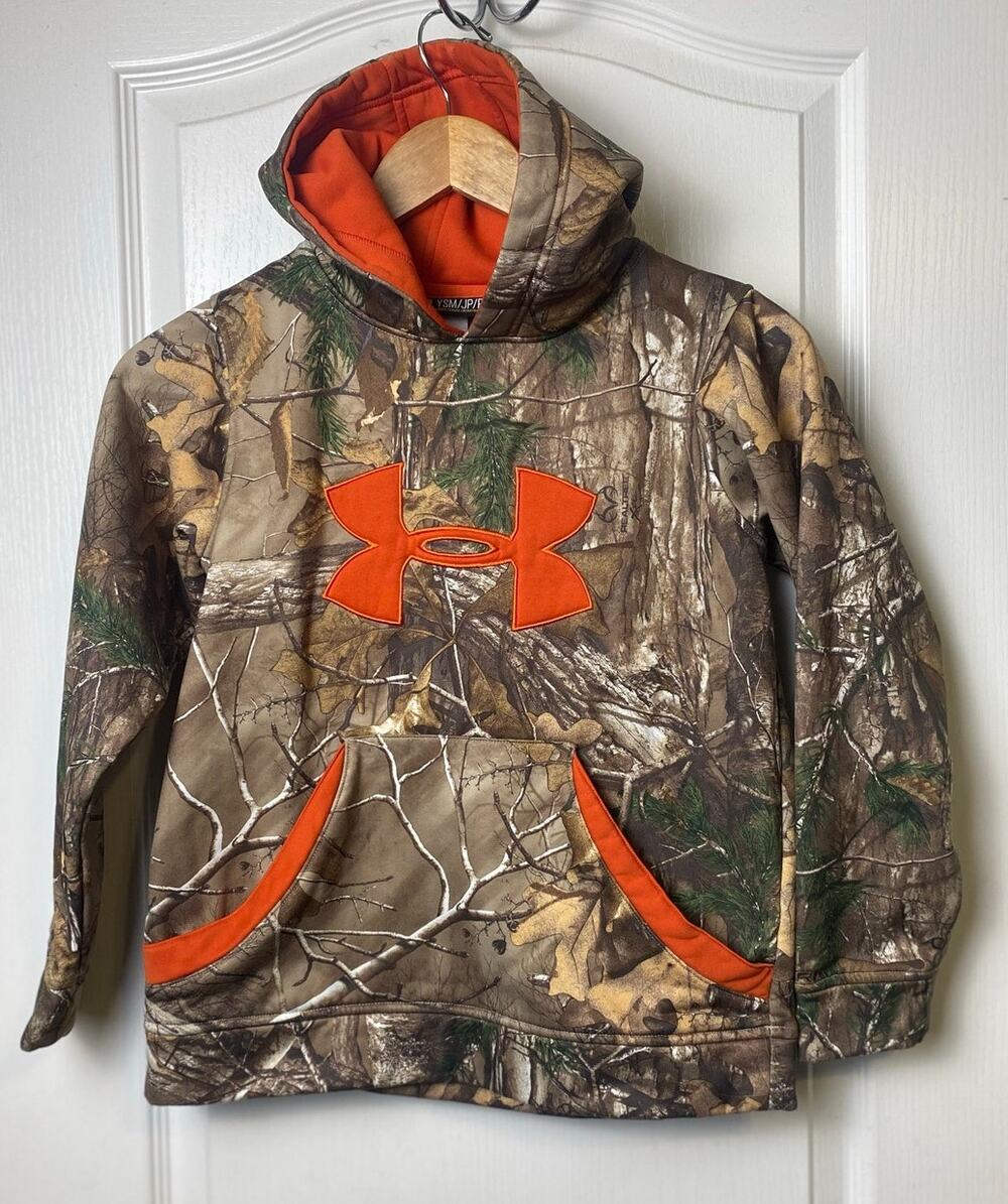 Under Armour Real Tree Camo Orange Logo Long Sleeve Fleece Hoodie Youth Small